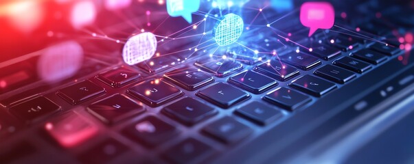 Poster - 3D visualization of speech bubbles and digital connections on a laptop keyboard, representing modern online communication and innovation