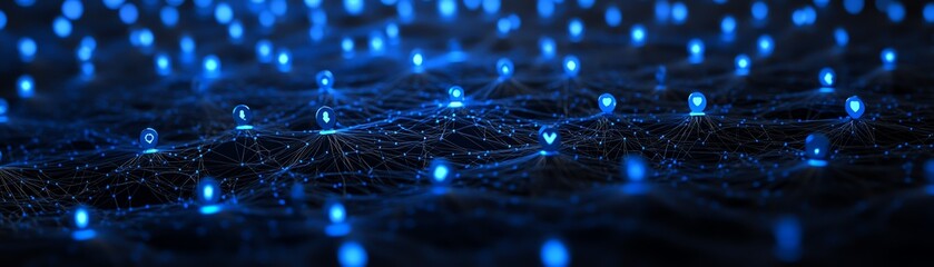 Poster - Abstract dark blue background with 3D user symbols interconnected by glowing lines, illustrating social network technologies