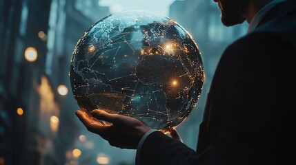 Wall Mural - A Man Gently Holds A Glowing Global Network