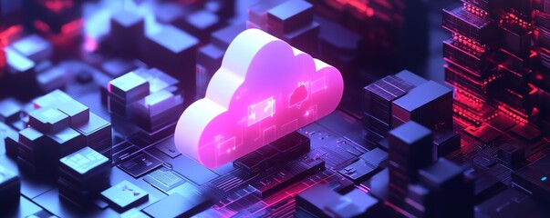 Poster - Digital service concept with a luminous cloud icon and social symbols in 3D, on a dark background, showcasing data applications
