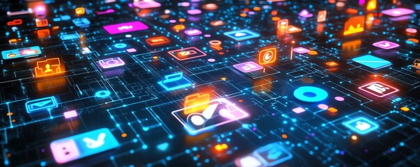 Poster - Digital service concept with a luminous cloud icon and social symbols in 3D, on a dark background, showcasing data applications