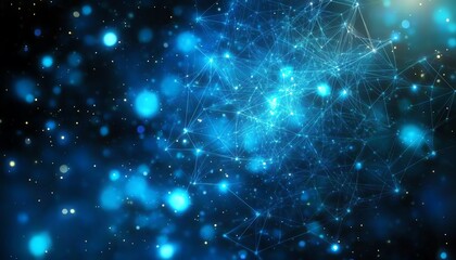 Poster - Dynamic 3D social network technology concept with user symbols connected by glowing lines, on a deep blue abstract background