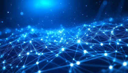 Poster - Dynamic 3D social network technology concept with user symbols connected by glowing lines, on a deep blue abstract background