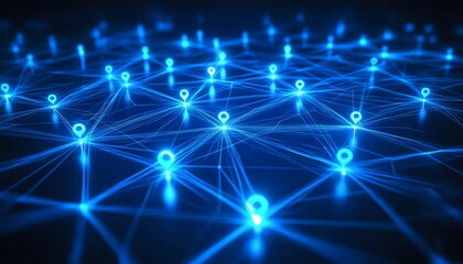 Poster - Dynamic 3D social network technology concept with user symbols connected by glowing lines, on a deep blue abstract background