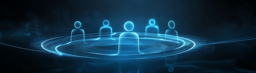 Poster - Futuristic 3D digital graphic user symbols connected with glowing lines on an abstract dark blue background, representing social networks