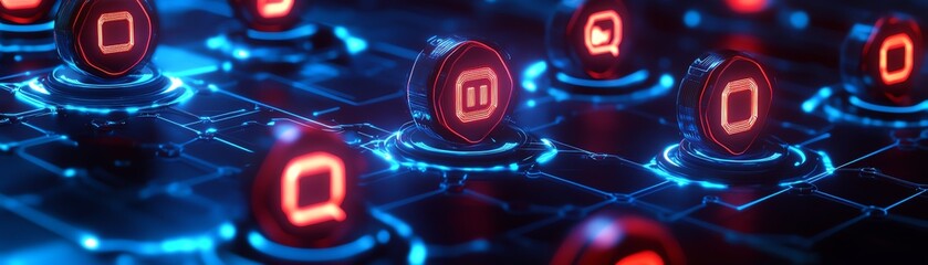 Poster - Futuristic 3D digital graphic user symbols connected with glowing lines on an abstract dark blue background, representing social networks