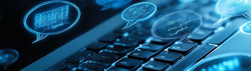 Poster - Futuristic concept of speech bubbles and network connections floating over a laptop keyboard, representing online communication and digital innovation