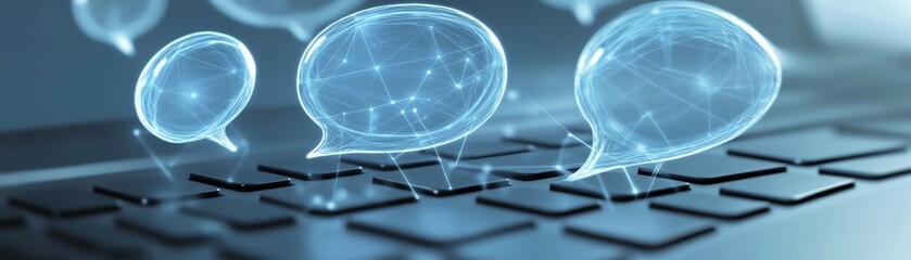 Poster - Futuristic concept of speech bubbles and network connections floating over a laptop keyboard, representing online communication and digital innovation