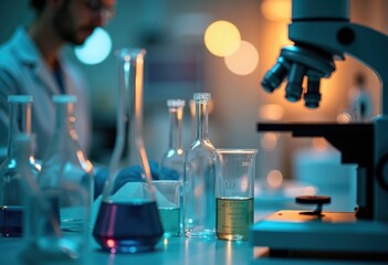 Poster - Blurred science lab interior shows scientist working with beakers flasks, microscopes. Various liquids in glass labware. Research, development in action. Medical biotech industry. Modern lab tech.
