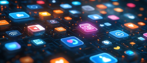 Poster - Futuristic digital data applications represented by a glowing cloud icon and social symbols on a dark background, 3D rendering