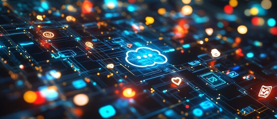Poster - Futuristic digital data applications represented by a glowing cloud icon and social symbols on a dark background, 3D rendering