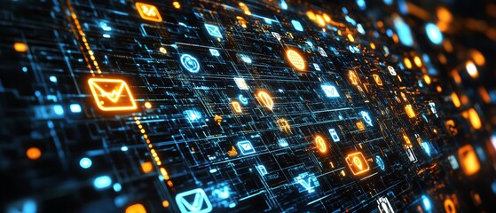Poster - Futuristic digital data applications represented by a glowing cloud icon and social symbols on a dark background, 3D rendering