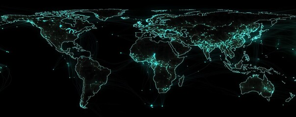Poster - Futuristic telecommunication world map with glowing digital dots and lines on a pixel world map, displayed on a dark background in 3D