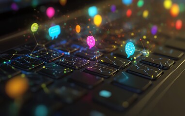 Poster - Laptop keyboard with interconnected network lines and floating speech bubbles, symbolizing technological advancement in online communication