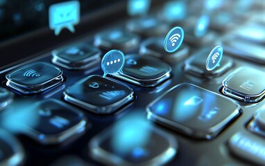 Poster - Laptop keyboard with interconnected network lines and floating speech bubbles, symbolizing technological advancement in online communication