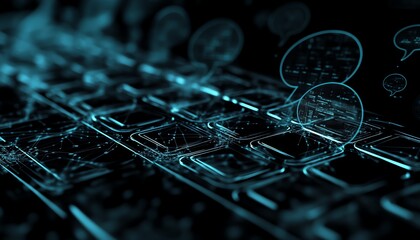 Poster - Laptop keyboard with floating speech bubbles and interconnected network lines, symbolizing the future of online communication and technology