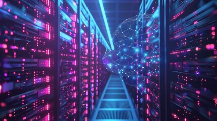 Poster - Glowing polygonal brain analyzing big data inside a modern server room with blue and purple lights, symbolizing the power of artificial intelligence in data centers