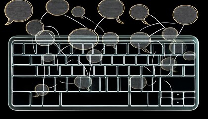 Poster - Laptop keyboard with floating speech bubbles and interconnected network lines, symbolizing the future of online communication and technology