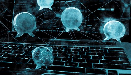 Poster - Laptop keyboard with floating speech bubbles and interconnected network lines, symbolizing the future of online communication and technology