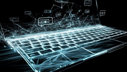 Poster - Laptop keyboard with floating speech bubbles and interconnected network lines, symbolizing the future of online communication and technology