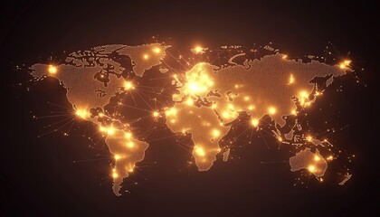 Poster - Pixel world map with digital telecommunication lines and dots on a dark background, representing global connectivity in 3D