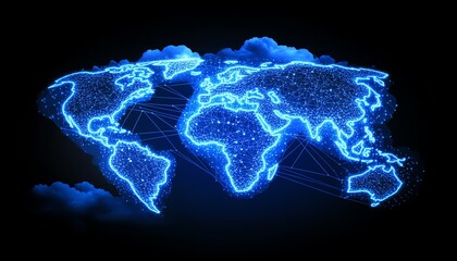 Poster - Pixel world map with digital telecommunication lines and dots on a dark background, representing global connectivity in 3D