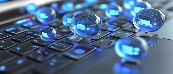 Poster - Speech bubbles and digital network connections over a laptop keyboard, illustrating online communication and technology innovation in 3D