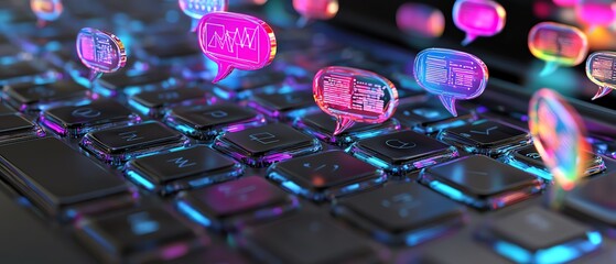 Poster - Speech bubbles and digital network connections over a laptop keyboard, illustrating online communication and technology innovation in 3D