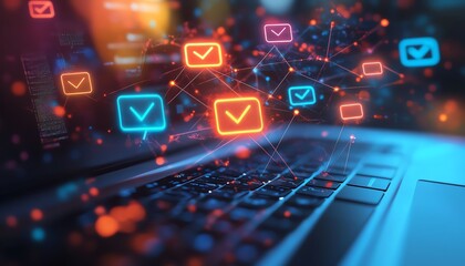 Poster - Speech bubbles and glowing network connections above a laptop keyboard, symbolizing online communication and technology advancements