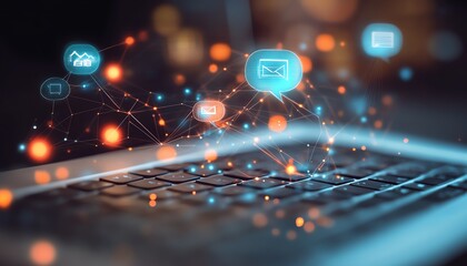 Poster - Speech bubbles and glowing network connections above a laptop keyboard, symbolizing online communication and technology advancements