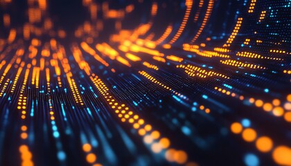 Poster - Telecommunication concept with glowing digital dots and lines forming a world map on a pixelated dark background, 3D rendering