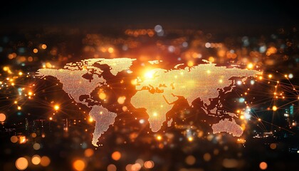 Poster - Telecommunication concept with glowing digital dots and lines forming a world map on a pixelated dark background, 3D rendering