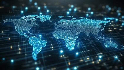 Poster - Telecommunication concept with glowing digital dots and lines forming a world map on a pixelated dark background, 3D rendering