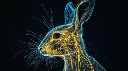 Abstract illustration of a rabbit's anatomy, with glowing yellow and blue lines outlining the fur and skeletal system.