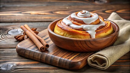 Wall Mural - A Freshly Baked Cinnamon Roll Glistens with Sweet Icing, Nestled in a Rustic Wooden Bowl, Accompanied by Cinnamon Sticks and Star Anise, Awaiting a Moment of Indulgence.