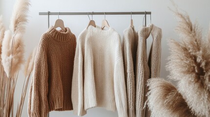 Poster - Knit sweaters in earthy hues hang gracefully on a simple rack, surrounded by soft pampas grass. The warm textiles harmonize with the tranquil atmosphere, inviting comfort and style