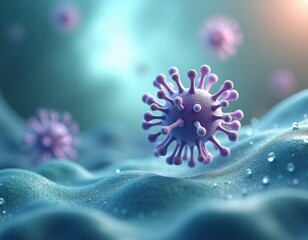 Poster - 3D illustration shows virus cell in immune system. Virus attacks body cells. Microbiology biology research. Detailed structure. Scientific illustration. Medical study. Health care concept. Virus