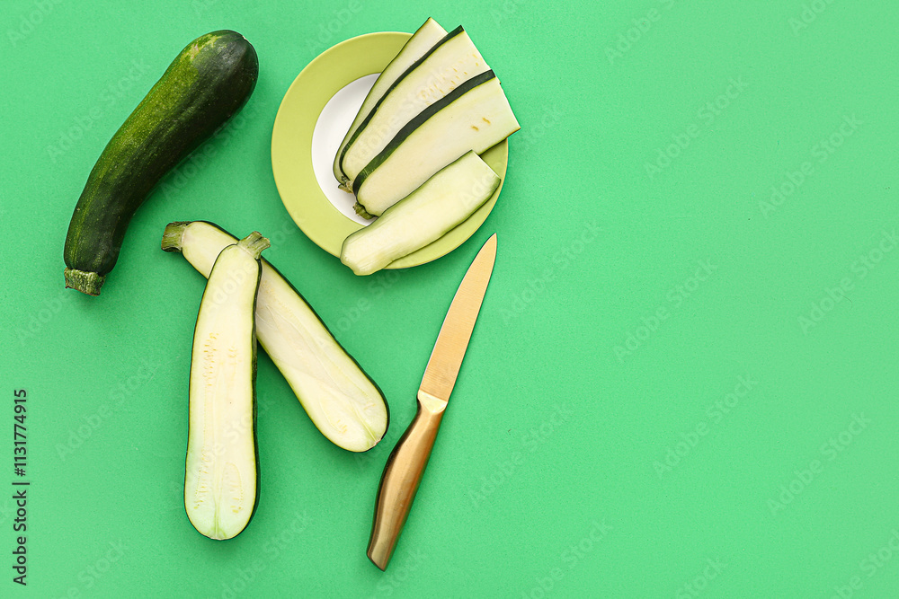 Fresh zucchini and plate with slices on green background