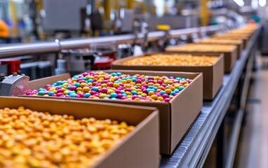 Wall Mural - Colorful Coated Snacks on Modern Factory Conveyor Belt: A Glimpse into Automated Food Production.