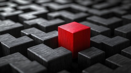 Poster - red cube stands out among black geometric shapes