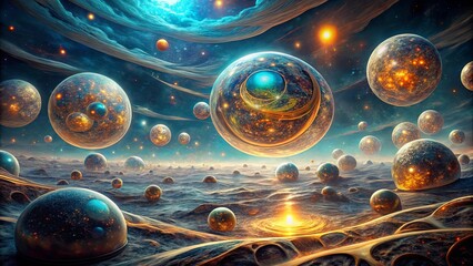 Wall Mural - a celestial tapestry of shimmering orbs, suspended in a cosmic expanse, each containing a universe w