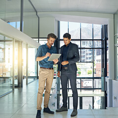 Leinwandbilder - Planning, tablet and business people in office, teamwork and conversation with connection. Development, financial consultant or employees in workplace, technology or website info for revenue or taxes
