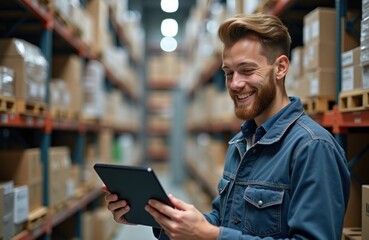 Aufkleber - Young man checks inventory on tablet in warehouse. He is happy and looks at tablet. Lots of cardboard boxes are in the warehouse. The man looks confident and focused.