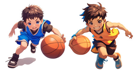 Wall Mural - Animated Boys Playing Basketball in Team Jerseys with Energy and Skill