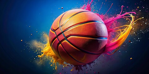 Wall Mural - A basketball suspended in an explosion of vibrant colorful liquid, capturing the energy and excitement of the game.