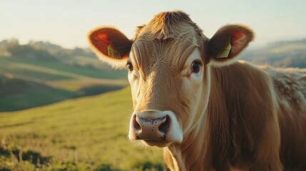 Wall Mural - Brown Cow Gazes Serenely Across Rolling Green Hills