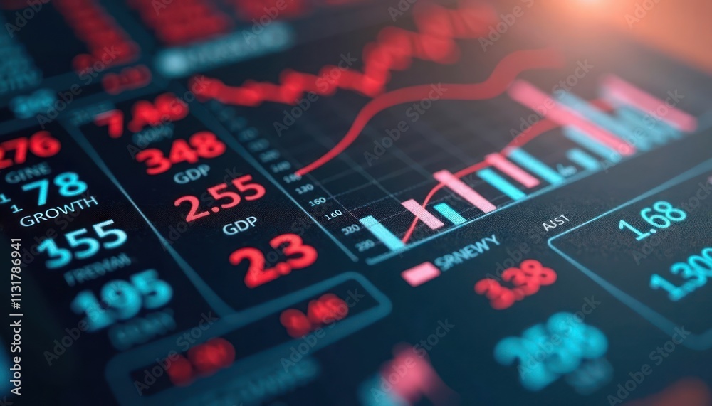 Financial data display shows GDP growth inflation rates, unemployment ...