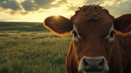 Wall Mural - Brown Cow Gazing at Sunset in a Field