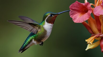 Wall Mural - Ruby-throated hummingbird in flight, feeding from a pink flower.