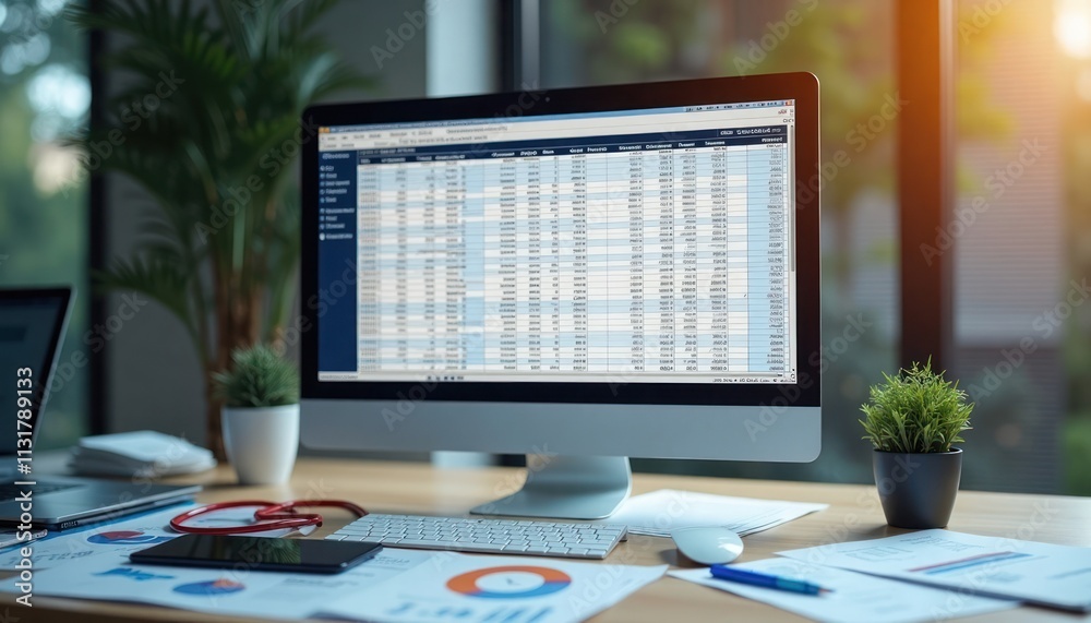 Modern office desk with tech devices, financial docs. Spreadsheet on ...